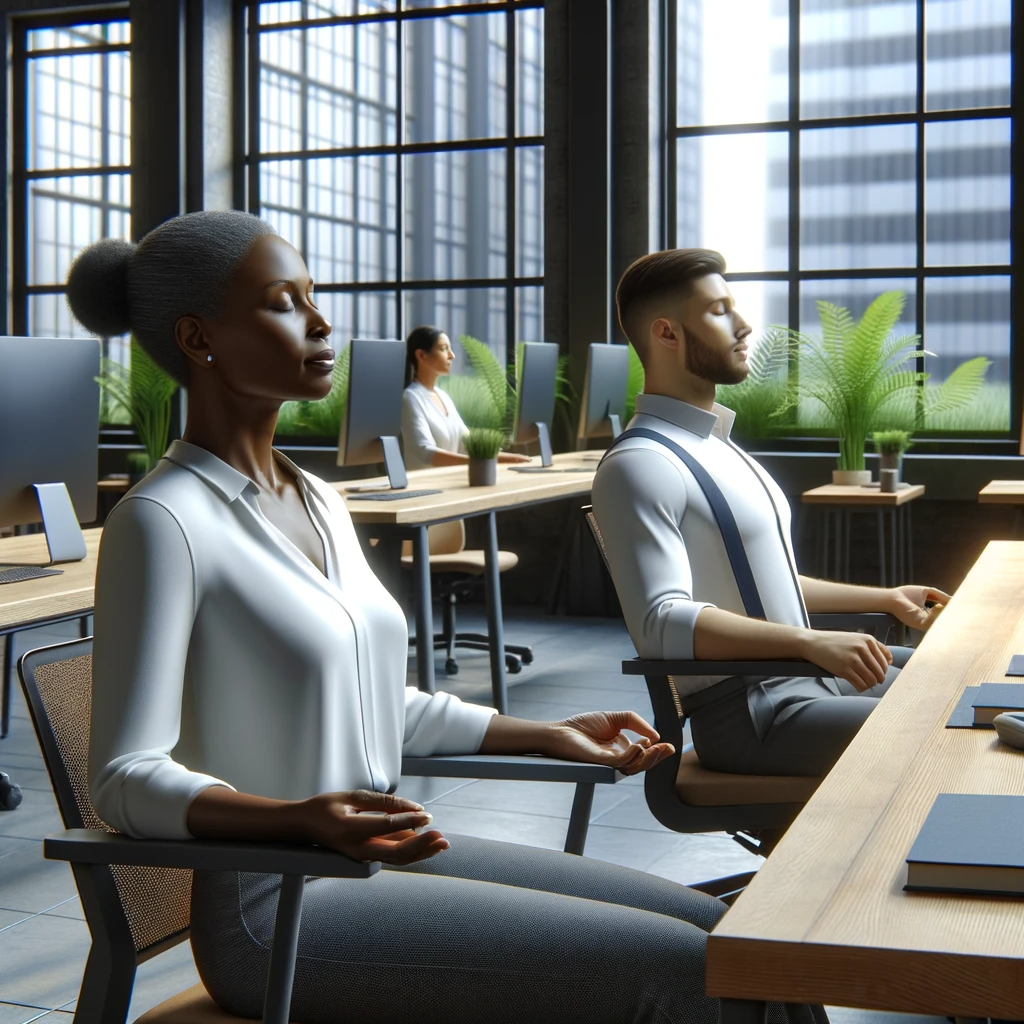 a man and woman sitting in chairs looking mindful at work